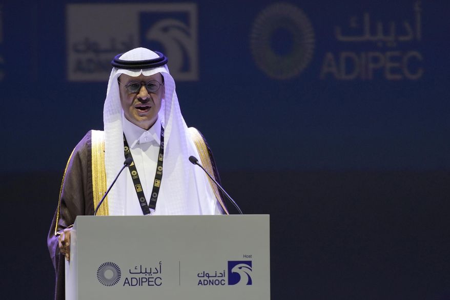 Saudi Arabia's Energy Minister Prince Abdulaziz bin Salman talks at the Abu Dhabi International Petroleum Exhibition & Conference in Abu Dhabi, United Arab Emirates, Monday, Oct. 31, 2022. (AP Photo/Kamran Jebreili) ** FILE **