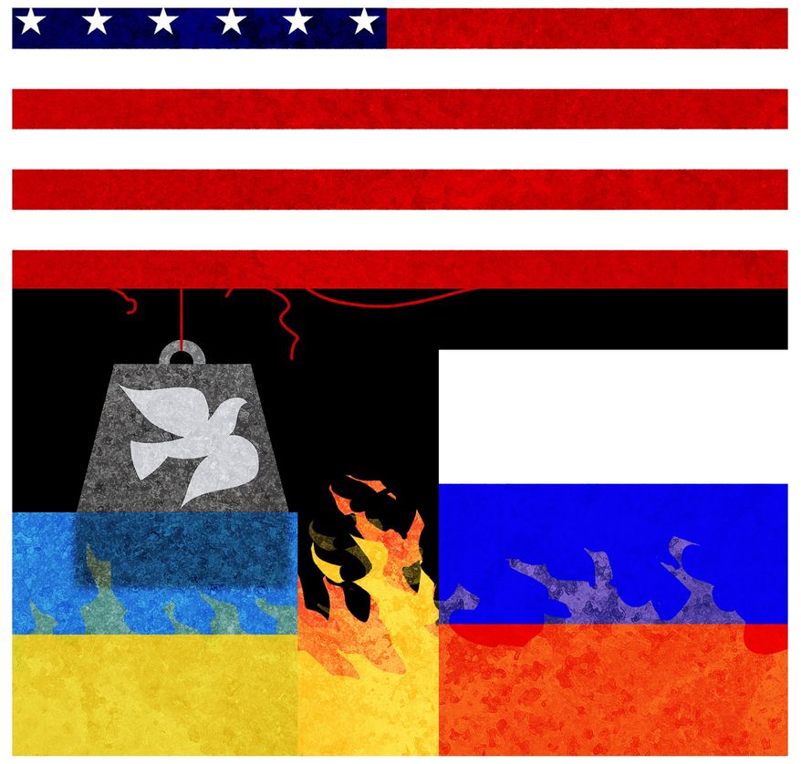 Illustration on efforts to pressure Ukraine to sue for peace by Alexander Hunter/The Washington Times