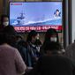 A TV screen shows a file image of South Korean navy vessels during a news program at the Seoul Railway Station in Seoul, South Korea, Monday, Oct. 24, 2022. The rival Koreas exchanged warning shots along their disputed western sea boundary on Monday, their militaries said, amid heightened animosities over North Korea&#39;s recent barrage of weapons tests. (AP Photo/Ahn Young-joon)