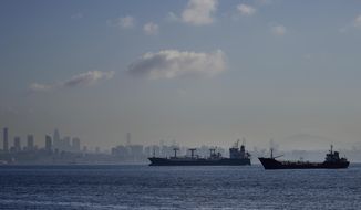 Cargo ships anchored in the Marmara Sea await to cross the Bosphorus Straits in Istanbul, Turkey, Tuesday, Nov. 1, 2022. Turkey&#39;s defense minister urged Russia to &amp;quot;reconsider&amp;quot; its decision to suspend the implementation of the U.N. and Turkish-brokered grain deal in a telephone call Monday with his Russian counterpart, Sergei Shoigu. (AP Photo/Khalil Hamra)