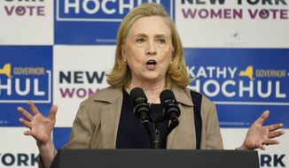Former Secretary of State Hillary Clinton speaks during a campaign event for New York Gov. Kathy Hochul, Thursday, Nov. 3, 2022, at Barnard College in New York. (AP Photo/Mary Altaffer)