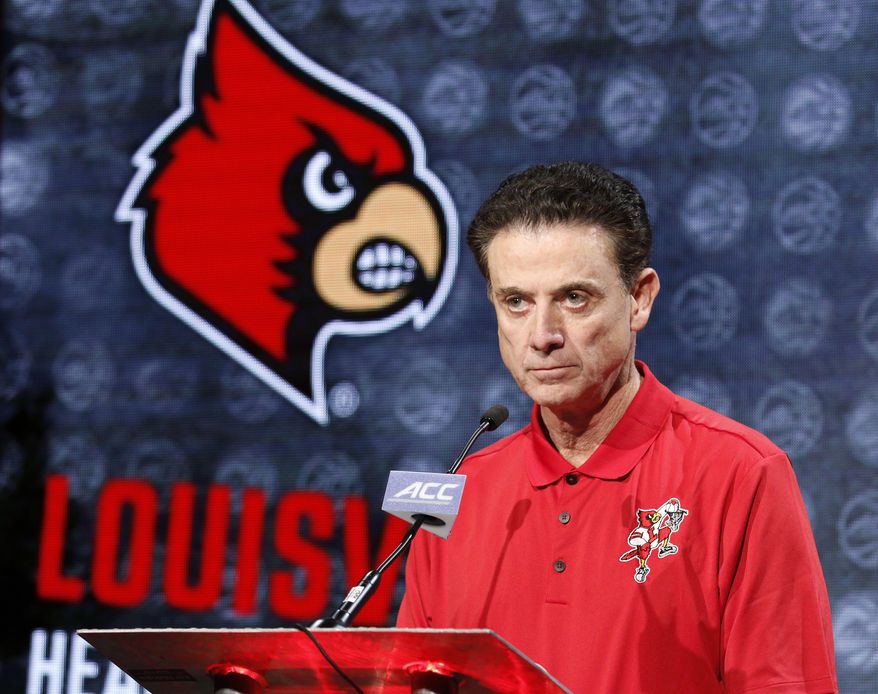 Louisville NCAA college basketball head coach Rick Pitino answers a question during the Atlantic Coast Conference men&#x27;s media day in Charlotte, N.C., Oct. 26, 2016. An independent panel has fined Louisville $5,000 and placed the men’s basketball program on two years probation, but sparing the school major penalties from NCAA allegations leveled in the aftermath of a federal investigation of corruption in college basketball. The Independent Accountability Resolution Process (IARP) also declined to penalize former Cardinals coach Rick Pitino, whom the NCAA initially cited for failure to promote an atmosphere of compliance. (AP Photo/Bob Leverone, File)