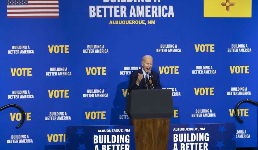 President Joe Biden speaks at a campaign rally in Albuquerque, N.M., Thursday, Nov. 3, 2022 (AP Photo/Andres Leighton)