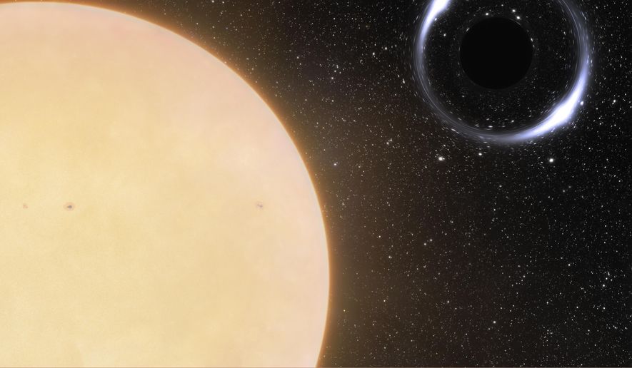 This illustration provided by NOIRLab in November 2022 depicts the closest black hole to Earth and its Sun-like companion star. The binary system, about 1,600 light years from Earth, was initially identified using the European Space Agency&#39;s Gaia spacecraft. Astronomers followed up with the International Gemini Observatory in Hawaii to confirm their findings. (International Gemini Observatory/NOIRLab/NSF/AURA/J. da Silva/Spaceengine/M. Zamani via AP)