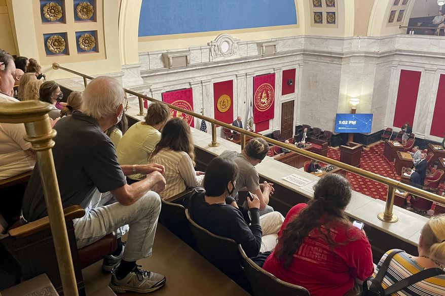 FILE - Members of the public watch the start of a West Virginia Senate hearing to discuss an abortion bill on July 29, 2022, at the state Capitol in Charleston, W.Va. West Virginia lawmakers are asking voters in the Tuesday, Nov. 8, 2022, election to give them more power to regulate public education policy and certain taxes while prohibiting state Supreme Court intervention in the Legislature's impeachment trials. (AP Photo/John Raby, File)