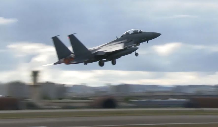 In this image taken from video, South Korean Air Force&#39;s F15K fighter jet takes off Tuesday, Oct. 4, 2022, in an undisclosed location in South Korea. South Korea has scrambled dozens of military aircraft, including advanced F35 fighter jets, Friday, Nov. 4, 2022, after spotting 180 North Korean warplanes flying in North Korean territory in what appeared to be a defiant show of strength. (South Korean Defense Ministry via AP) **FILE**