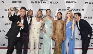 FILE - Luke Hemsworth, left, Jeffrey Wright, Aaron Paul, Angela Sarafyan, Tessa Thompson, Evan Rachel Wood and James Marsden attend the premiere of HBO&#39;s &quot;Westworld&quot; Season 4 at Alice Tully Hall on Tuesday, June 21, 2022, in New York. (Photo by Evan Agostini/Invision/AP, File)