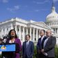 Rep. Pramila Jayapal, D-Wash., speaks at a Congressional Progressive Caucus news conference as the House meets to consider the Inflation Reduction Act, Aug. 12, 2022, on Capitol Hill in Washington. Standing with Jayapal from left are Rep. Jamie Raskin, D-Md., Rep. Mark Takano, D-Calif., and Rep. Mark Pocan, D-Wis. (AP Photo/Patrick Semansky, File)