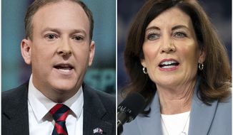 This combination of photos shows New York Republican gubernatorial candidate Rep. Lee Zeldin, R-N.Y., on Oct. 25, 2022, in New York, left, and New York Gov. Kathy Hochul on Oct. 27, 2022, in Syracuse, N.Y., right. (AP Photo)
