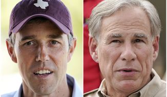 This combination of photos shows Texas Democratic gubernatorial candidate Beto O&#39;Rourke on Sept. 30, 2022, in Edinburg, Texas, left, and Texas Gov. Greg Abbott on Sept. 21, 2021, in Del Rio, Texas, right. (AP Photo)