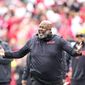 Maryland head coach Michael Locksley disputes a call during the second half of an NCAA college football game against Wisconsin, Saturday, Nov. 5, 2022, in Madison, Wis. (AP Photo/Andy Manis)