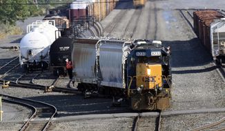 Locomotives are coupled to railway cars in the Selkirk rail yard Wednesday, Sept. 14, 2022, in Selkirk, N.Y. (AP Photo/Hans Pennink, File)