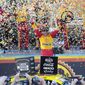 Joey Logano celebrates after winning a NASCAR Cup Series auto race and championship Sunday, Nov. 6, 2022, in Avondale, Ariz. (AP Photo/Rick Scuteri)