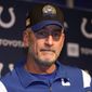 Indianapolis Colts head coach Frank Reich faces reporters following an NFL football game against the New England Patriots, Sunday, Nov. 6, 2022, in Foxborough, Mass. (AP Photo/Charles Krupa)