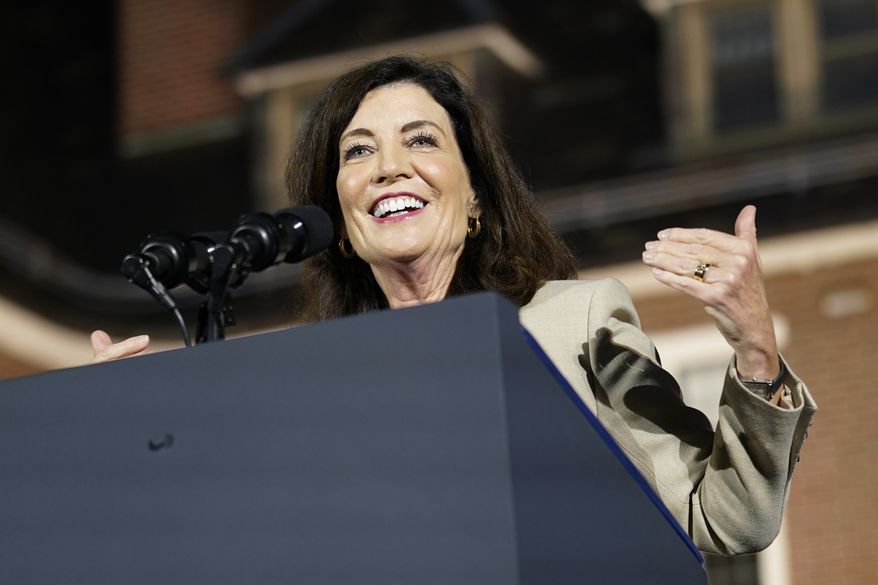 New York Gov. Kathy Hochul speaks at a campaign event Sunday, Nov. 6, 2022, at Sarah Lawrence College in Yonkers, N.Y. (AP Photo/Patrick Semansky) **FILE**