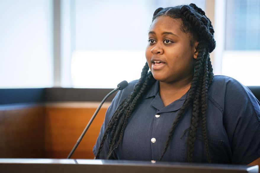 Pieper Lewis gives her allocution during a sentencing hearing, Tuesday, Sept. 13, 2022, in Des Moines, Iowa. Iowa authorities say Lewis, an 18-year-old sex trafficking victim who pleaded guilty to killing a man she said raped her, escaped from a women's center where she was serving her probation sentence. Lewis was seen walking out of the building at the Fresh Start Women's Center in Des Moines shortly after 6:15 a.m. Friday, Nov. 4, 2022. (Zach Boyden-Holmes/The Des Moines Register via AP, File)