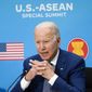 FILE - President Joe Biden participates in the U.S.-ASEAN Special Summit to commemorate 45 years of U.S.-ASEAN relations at the State Department in Washington, May 13, 2022. (AP Photo/Susan Walsh, File)