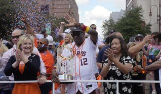 Houston Astros manager Dusty Baker waves during a victory parade for the World Series baseball champions Monday, Nov. 7, 2022, in Houston. (AP Photo/David J. Phillip)