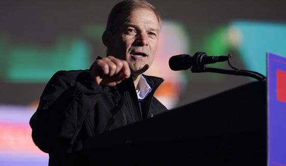 Rep. Jim Jordan, R-Ohio, speaks before former President Donald Trump at a rally in support of the campaign of Ohio Senate candidate JD Vance at Wright Bros. Aero Inc. at Dayton International Airport on Monday, Nov. 7, 2022, in Vandalia, Ohio. (AP Photo/Michael Conroy)
