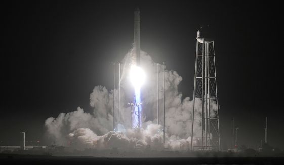 Northrup Grumman&#39;s Antares rocket lifts off the launch pad at the NASA Wallops Flight Facility Monday, Nov. 7, 2022, in Wallops Island. Va. The rocket is scheduled to deliver a supply capsule to the International Space Station. (AP Photo/Steve Helber)