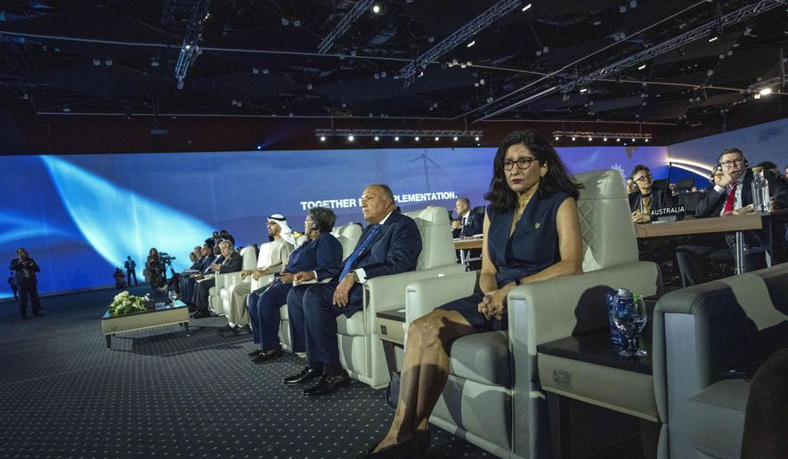 Baroness Minouche Shafik, then-London School of Economics Director, right, listens to Egyptian President Abdel Fattah el-Sissi, as he gives a speech during the COP27 U.N. Climate Summit, in Sharm el-Sheikh, Egypt, Monday, Nov. 7, 2022. Calls for Columbia President Minouche Shafik to resign surged Monday over what congressional critics described as her failure to rein in the virulent anti-Israel protests that have engulfed the Ivy League institution. (AP Photo/Nariman El-Mofty)