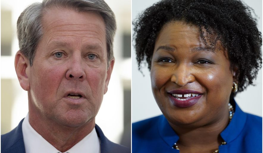 This combination of file photos shows Georgia Gov. Brian Kemp, left, on July 29, 2022, in McDonough, Ga., and gubernatorial Democratic candidate Stacey Abrams on Aug. 8, 2022, in Decatur, Ga. The Georgia governor&#x27;s race is a rematch of 2018, when Kemp narrowly defeated Abrams. (AP Photo)