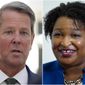 This combination of file photos shows Georgia Gov. Brian Kemp, left, on July 29, 2022, in McDonough, Ga., and gubernatorial Democratic candidate Stacey Abrams on Aug. 8, 2022, in Decatur, Ga. The Georgia governor&#39;s race is a rematch of 2018, when Kemp narrowly defeated Abrams. (AP Photo)