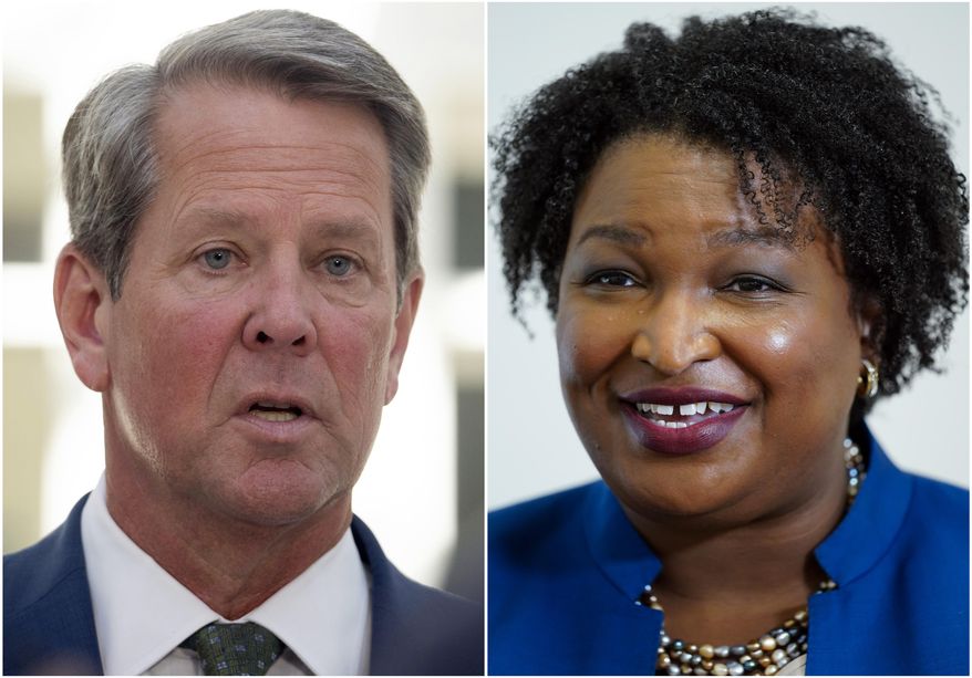 This combination of file photos shows Georgia Gov. Brian Kemp, left, on July 29, 2022, in McDonough, Ga., and gubernatorial Democratic candidate Stacey Abrams on Aug. 8, 2022, in Decatur, Ga. The Georgia governor&#x27;s race is a rematch of 2018, when Kemp narrowly defeated Abrams. (AP Photo)