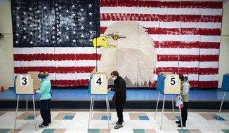 Voters cast their ballots under a giant mural at Robious Elementary School in Midlothian, Va., on Election Day, Nov. 3, 2020. Voting in the 2022 midterm election ends when polls close on Tuesday, Nov. 7. Millions of Americans have already cast ballots either early in person or by mail, with millions more set to vote in person at their polling places. (AP Photo/Steve Helber, File)