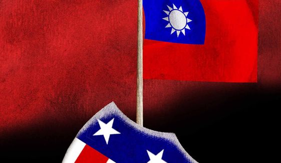 Illustration on the U.S. defense of Taiwan by Alexander Hunter/The Washington Times