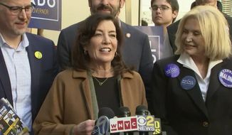 New York Gov. Kathy Hochul speaks during a news conference in New York on Tuesday, Nov. 8, 2022.  (WABC via AP)