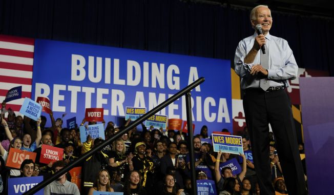 President Joe Biden speaks during a campaign rally at Bowie State University in Bowie, Md., Monday, Nov. 7, 2022. (AP Photo/Bryan Woolston)