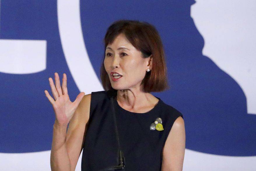 Michelle Steel, Republican candidate for California's 48th Congressional District, speaks during the California GOP fall convention in Indian Wells, Calif., Sept. 7, 2019. The fight for the 47th District seat has evolved into a hostile confrontation between Steel, a South Korean immigrant looking for a second term in Congress, and Democrat Jay Chen, a Navy reservist and the son of immigrants from Taiwan. (AP Photo/Chris Carlson) **FILE**