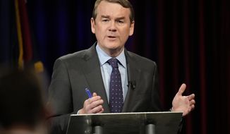 Democratic U.S. Sen. Michael Bennet speaks during a debate with Republican challenger Joe O&#39;Dea, Friday, Oct. 28, 2022, on the campus of Colorado State University in Fort Collins, Colo. Bennet is seeking reelection in the Nov. 8, 2022 election. (AP Photo/David Zalubowski, File)