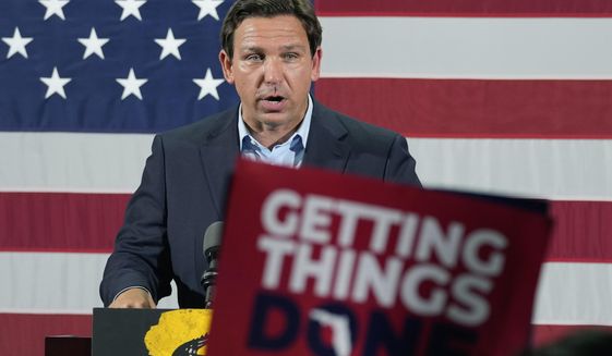 Republican Florida Gov. Ron DeSantis speaks during a campaign rally, Monday, Nov. 7, 2022, in Hialeah, Fla.(AP Photo/Lynne Sladky)