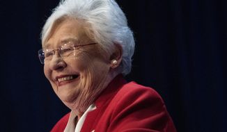 Alabama Republican Gov. Kay Ivey is shown in this file photograph celebrating her primary victory in Montgomery, Ala., on Tuesday May 24, 2022. Ivey faces Democratic challenger Yolanda Flowers and one other candidate in her reelection bid on Tuesday, Nov. 8, 2022. (Mickey Welsh/The Montgomery Advertiser via AP, File)