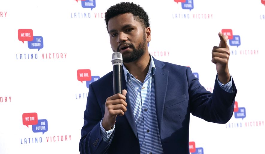 Maxwell Frost, Democratic congressional candidate for Florida's District 10, speaks during a rally, Thursday, Oct. 20, 2022, in Coral Gables, Fla. (AP Photo/Lynne Sladky, File)