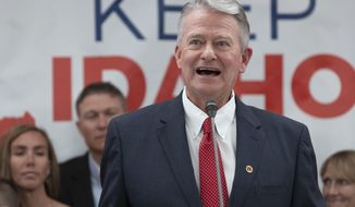 Idaho Gov. Brad Little declares victory in the gubernatorial primary during the Republican Party&#39;s primary election celebration, May 17, 2022, in Boise, Idaho. Little is seeking reelection in the Nov. 8, 2022 election. (AP Photo/Kyle Green, File)