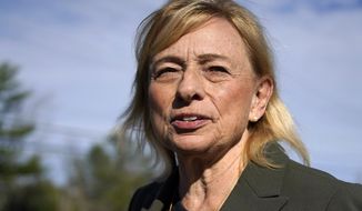 Democratic Gov. Janet Mills speaks to reporters after a rally, Wednesday, Nov. 2, 2022, in York, Maine. Mills is being challenged by Republican Paul LePage and independent Sam Hunkler. (AP Photo/Robert F. Bukaty, File)