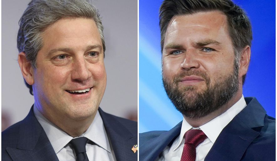 This combination of photos shows Ohio Democratic Senate candidate Rep. Tim Ryan, D-Ohio, on March 28, 2022, in Wilberforce, Ohio, left, and Republican candidate JD Vance on Aug. 5, 2022, in Dallas. (AP Photo)