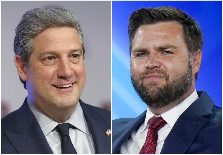 This combination of photos shows Ohio Democratic Senate candidate Rep. Tim Ryan, D-Ohio, on March 28, 2022, in Wilberforce, Ohio, left, and Republican candidate JD Vance on Aug. 5, 2022, in Dallas. (AP Photo)