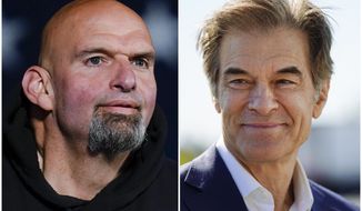 This combination of photos shows Pennsylvania Lt. Gov. John Fetterman, a Democratic candidate for U.S. Senate, Oct. 8, 2022, in York, Pa., left, and Mehmet Oz, a Republican candidate for U.S. Senate, Sept. 23, 2022, in Allentown, Pa. (AP Photo/Matt Rourke, File)