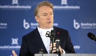 U.S. Sen. Rand Paul, R-Ky., speaks at the groundbreaking ceremony for the Kentucky Department of Veterans Affairs Bowling Green Veterans Center in Bowling Green, Ky., on Wednesday, Nov. 2, 2022. (Grace Ramey/Daily News via AP) **FILE**