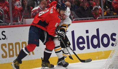Washington Capitals left wing Alex Ovechkin (8) and Pittsburgh Penguins defenseman Brian Dumoulin (8) fighting for the puck behind the net during the 1st period in a game at Capital One Arena in Washington D.C., November 9, 2022. (Photo by Billy Sabatini)