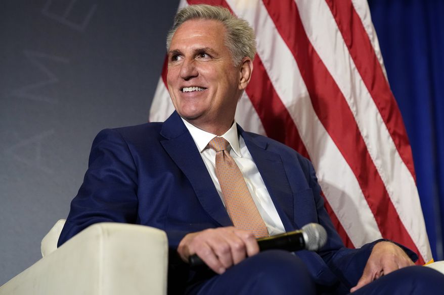 House Minority Leader Kevin McCarthy of Calif., appears on stage before former President Donald Trump speaks at an America First Policy Institute agenda summit in Washington, July 26, 2022. With the promise of a red wave receding, Republicans are facing the stark reality that any return to power would mean presiding over a narrowly split Congress. Meanwhile, McCarthy was weakened by the party&#x27;s dismal performance as he reaches for the speaker&#x27;s gavel(AP Photo/Andrew Harnik, File)
