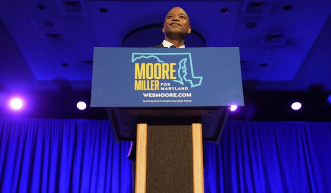 Maryland Gov.-elect Wes Moore speaks to supporters at an election night event in Baltimore, Md., Tuesday, Nov. 8, 2022. (AP Photo/Bryan Woolston)