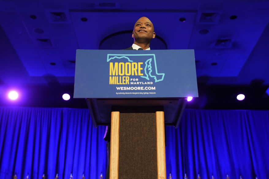 Maryland Gov.-elect Wes Moore speaks to supporters at an election night event in Baltimore, Md., Tuesday, Nov. 8, 2022. (AP Photo/Bryan Woolston)