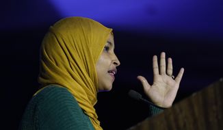 U.S. Rep. Ilhan Omar, D-Minn., speaks to the crowd at the Minnesota Democratic Farmer Labor Party&#39;s election night party after winning reelection early Wednesday morning, Nov. 9, 2022, in St. Paul, Minn. (AP Photo/Abbie Parr) **FILE**