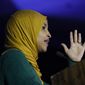 U.S. Rep. Ilhan Omar, D-Minn., speaks to the crowd at the Minnesota Democratic Farmer Labor Party&#x27;s election night party after winning reelection early Wednesday morning, Nov. 9, 2022, in St. Paul, Minn. (AP Photo/Abbie Parr) **FILE**