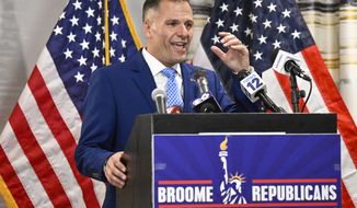 Marc Molinaro, the Republican candidate for New York&#39;s 19th Congressional District, speaks to supporters at his election headquarters in Binghamton, N.Y., late Tuesday, Nov. 8, 2022. (AP Photo/Hans Pennink)